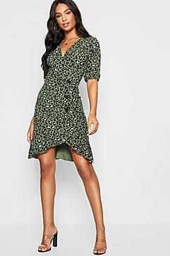 Boohoo Tall Leopard Print Mock Horn Button Wrap Dress