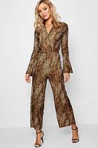 Boohoo Sarah Leopard Crinkle Flare Sleeve Culotte Jumpsuit