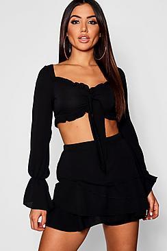 Boohoo Long Sleeve Tie Front + Ruffle Detail Short Co-ord