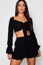Boohoo Long Sleeve Tie Front + Ruffle Detail Short Co-ord