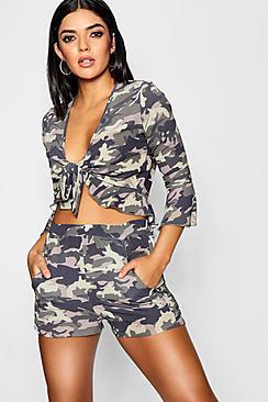 Boohoo Rosie Camo Tie Ruffle Blouse And Short Co-ord