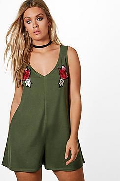 Boohoo Plus Poppy Floral Applique Playsuit