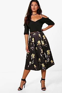 Boohoo Grace Large Floral Box Pleat Midi Skirt