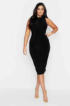 Boohoo Plus Premium Slinky Halterneck Ruched Dress