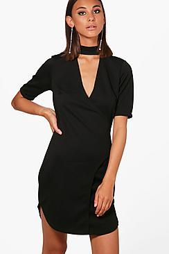 Boohoo Lily Choker Ribbed Wrap Bodycon Dress