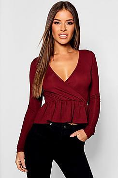 Boohoo Petite  Rib Wrap Pep Hem Top