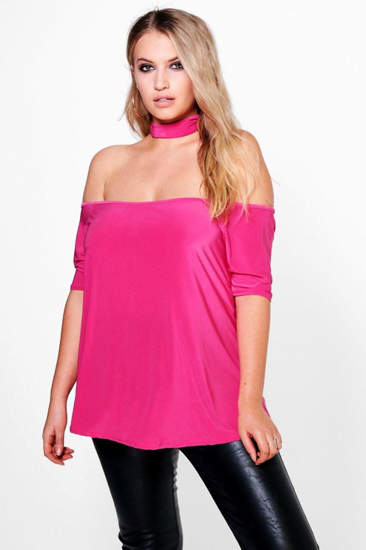 Boohoo Plus Ava Slinky Open Shoulder Top Blush