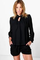 Boohoo Becca Ruffle Sleeve Collared Blouse Black