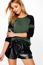 Boohoo Avery Long Sleeve Baseball Stripe Top Khaki