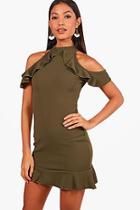 Boohoo Ruffle Cold Shoulder Bodycon Dress