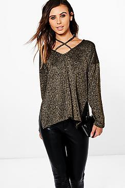 Boohoo Petite Emily Glitter Knit Plunge Strappy Jumper