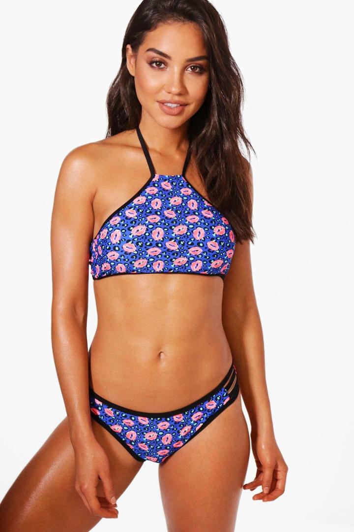 Boohoo Marseille Lips Crop Bikini Blue