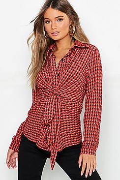 Boohoo Geo Print Tie Front Blouse