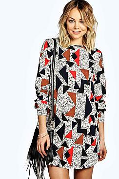 Boohoo Gracie Geo Print Long Sleeve Shift Dress