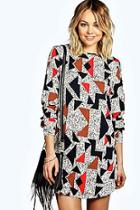 Boohoo Gracie Geo Print Long Sleeve Shift Dress