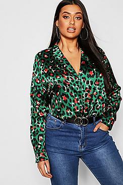 Boohoo Plus Satin Leopard Shirt Blouse