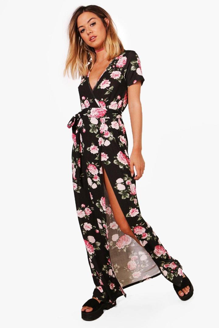 Boohoo Plus Imogen Floral Wrap T-shirt Maxi Dress Multi