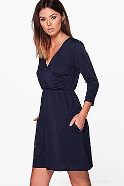 Boohoo Jasmine Wrap Skater Dress With Pockets