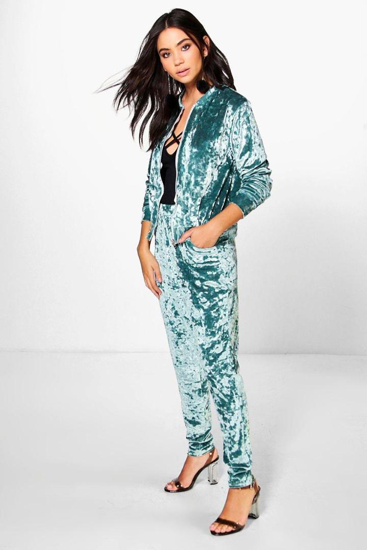Boohoo Sarah Skinny Velvet Trouser Sage