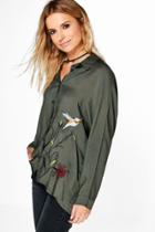 Boohoo Aria Embroidered Woven Oversized Shirt Khaki