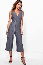 Boohoo Mia Wrap Front Belted Culotte Jumpsuit