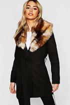 Boohoo Petite Faux Fur Collar Belted Wool Look Coat