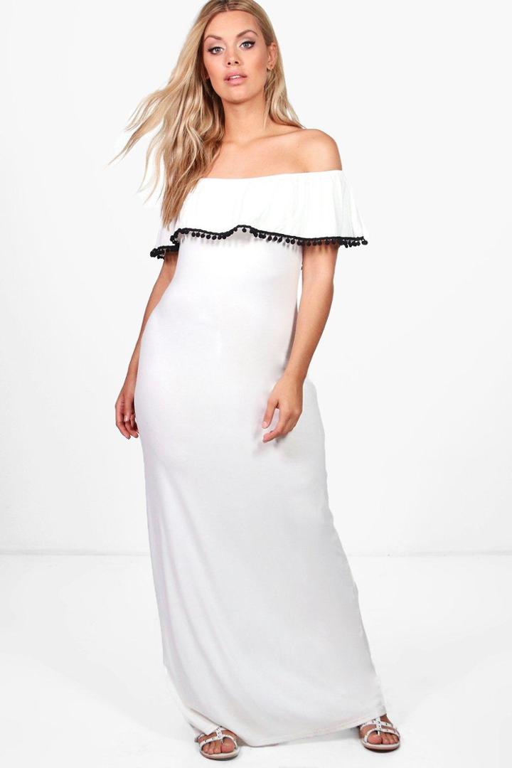 Boohoo Plus Megan Off The Shoulder Pom Pom Maxi Dress Ivory
