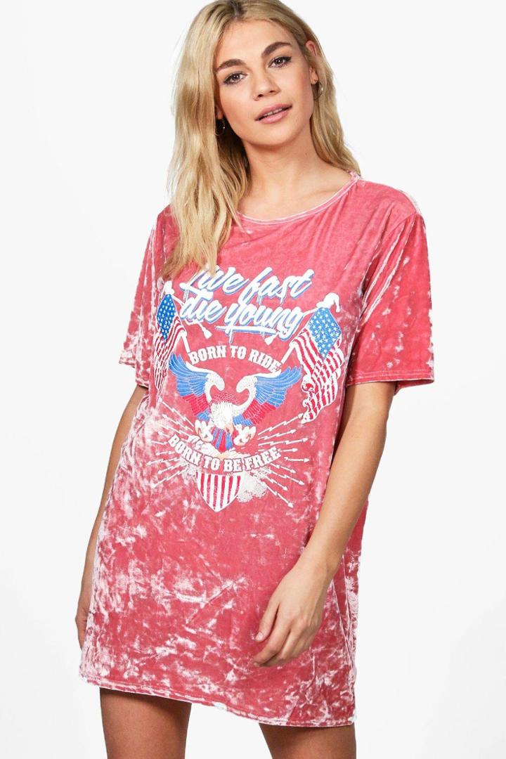 Boohoo Lola Printed Crushed Velvet Band Tee Dress Pink
