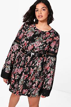 Boohoo Plus Felicity Floral Printed Lace Trim Skater Dress