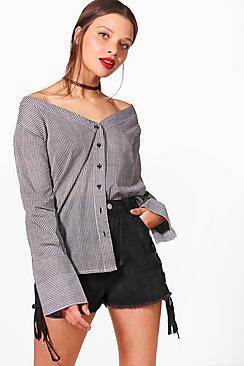 Boohoo Ellie Woven Gingham Off The Shoulder Top