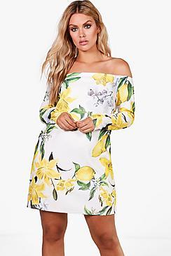 Boohoo Plus Jemma Lemon Print Off The Shoulder Dress