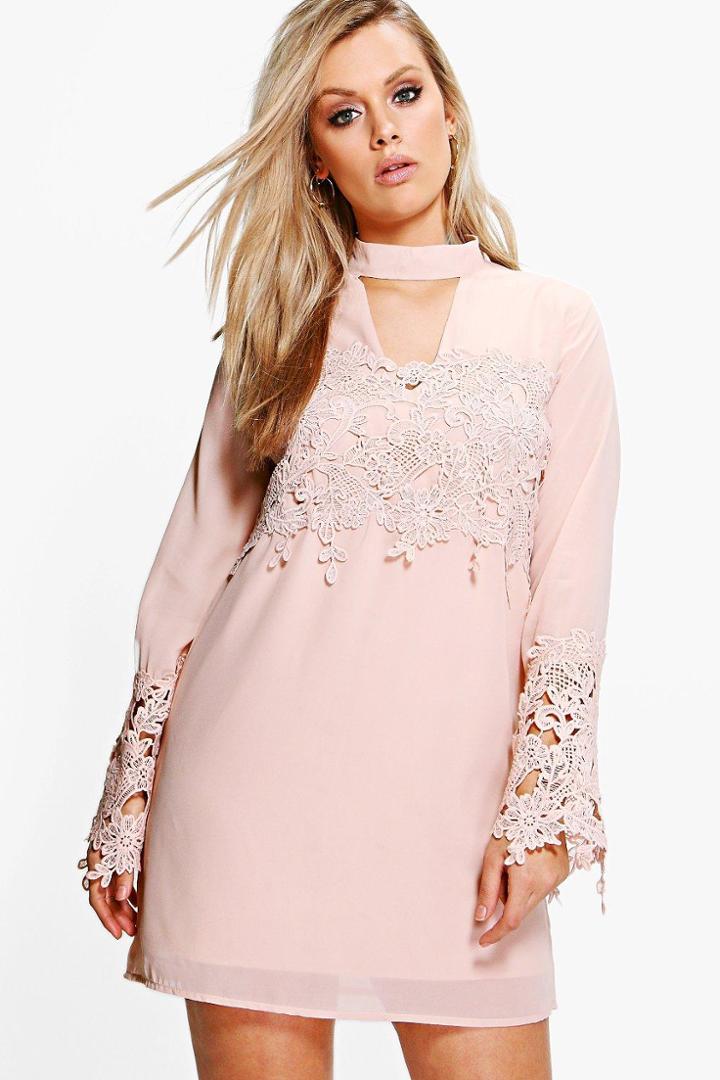 Boohoo Plus Eva Choker Detail Crochet Shirt Dress Blush