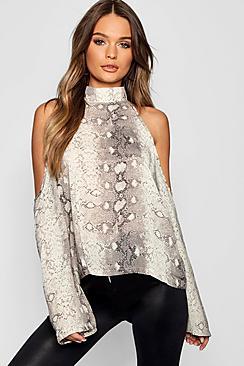 Boohoo Snake Print Cold Shoulder Blouse