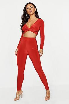 Boohoo Long Sleeve Twist Front Top & Fitted Pants Co-ord