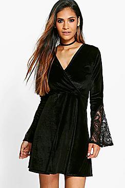Boohoo Leah Velvet Crochet Sleeve Wrap Skater Dress