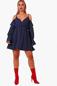 Boohoo Plus Cold Shoulder Polka Dot Dress