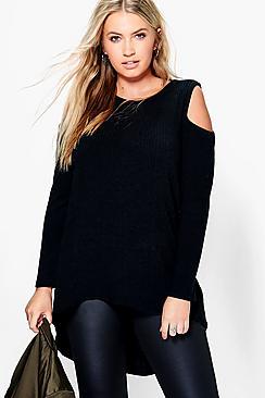 Boohoo Plus Jen Long Sleeved Open Shoulder Rib Top