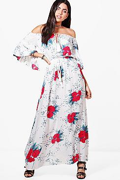 Boohoo Joy Floral Off Shoulder Tassle Tie Maxi Dress