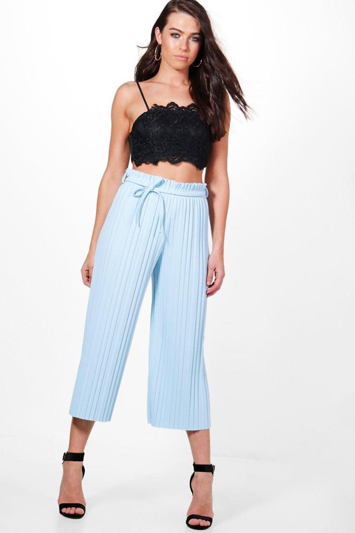 Boohoo Lucia Pleated Tie Waist Culottes Blue