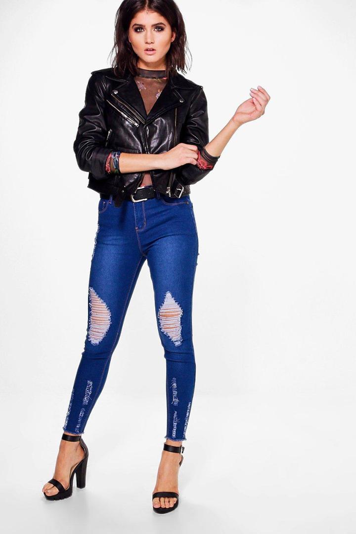 Boohoo Abby High Waisted Destroyed Hem Skinny Jeans Blue