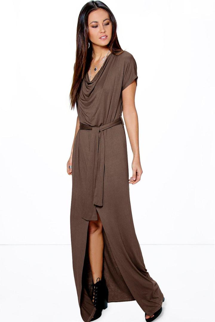Boohoo Ava Cowl Neck Tie Waist Maxi Dress Khaki