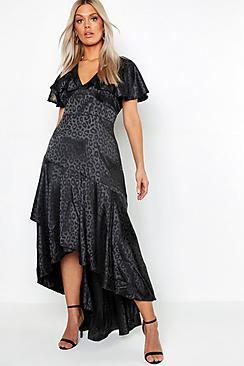 Boohoo Plus Satin Jaquard Leopard Ruffle Maxi Dress
