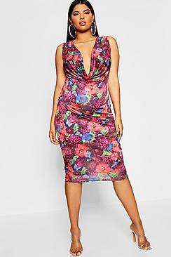 Boohoo Plus Jewel Floral Cowl Neck Bodycon Dress