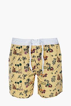 Boohoo Palm Print Long Swim Shorts