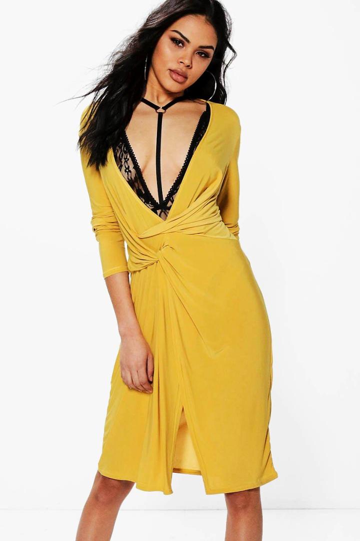 Boohoo Rachel Slinky Knot Front Midi Dress Honeydew