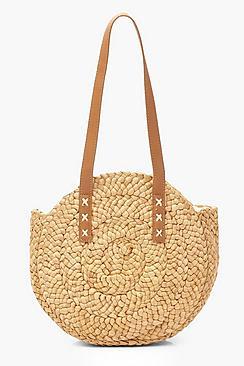 Boohoo Contrast Stitch Textured Straw Round Bag