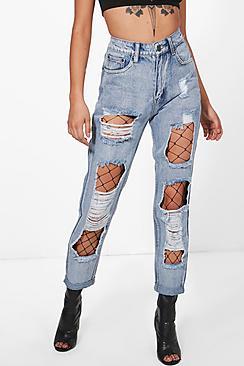 Boohoo Zena Flora Light Wash Fishnet Boyfriend Jeans