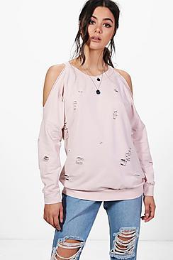 Boohoo Sally Open Shoulder Distressed Sweatshirt