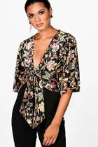 Boohoo Tall Ruby Printed Floral Velvet Tie Front Top