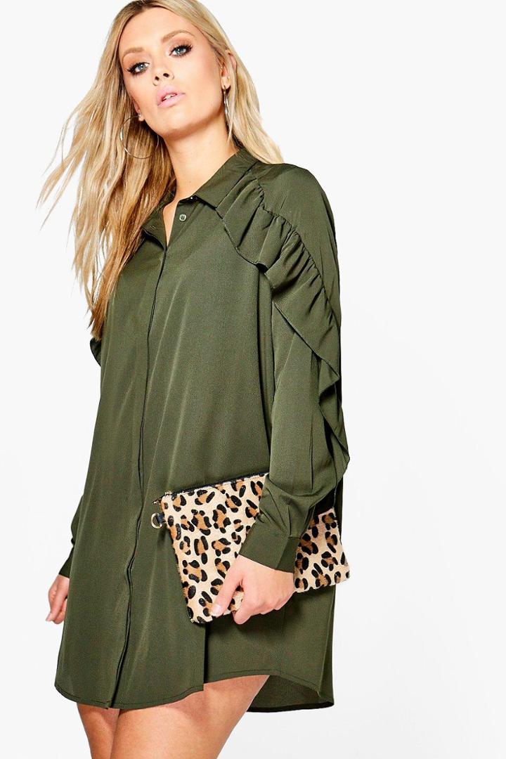 Boohoo Plus Jessie Ruffle Sleeve Shirt Dress Khaki
